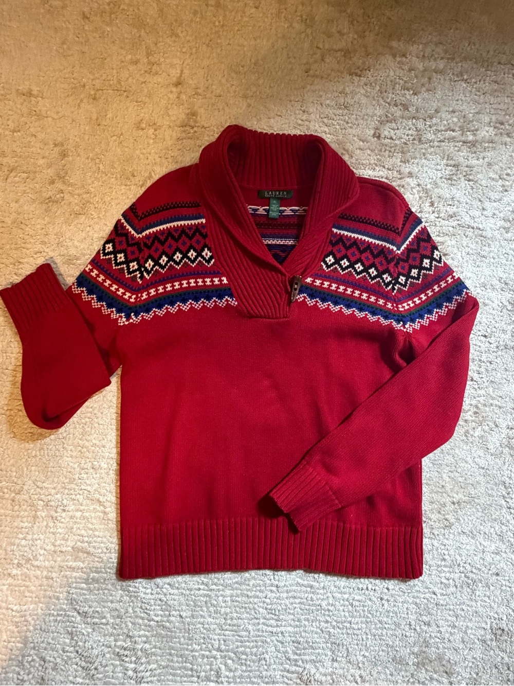 Ralph Lauren Fair Isle Shawl Collar Sweater XL Red Nordic Cotton